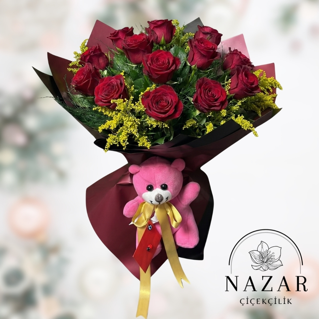 13 Gül ve Peluş Ayıcıklı Demet