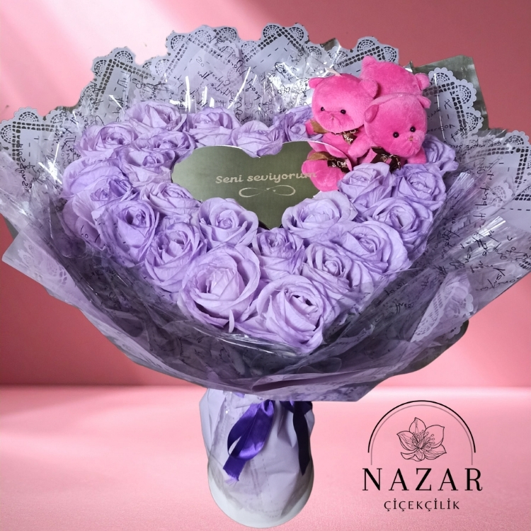 23 Gül ile Seni Seviyorum Aynalı Mor Demet