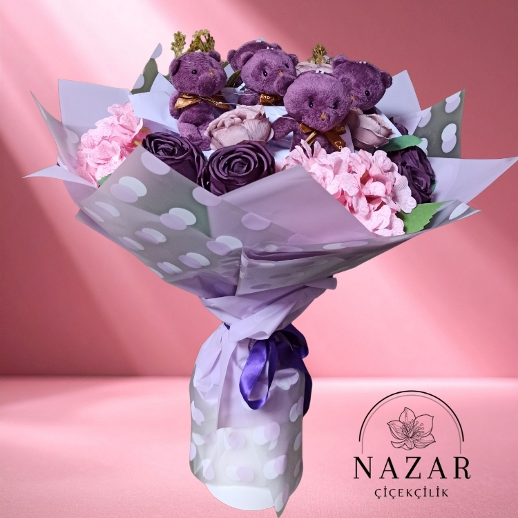 5 Ayıcıklı Ortanca ve Gül Demeti 'MOR'